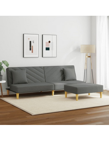 Divano Letto 2Posti Cuscini e Poggiapiedi Grigio Scuro Tessuto