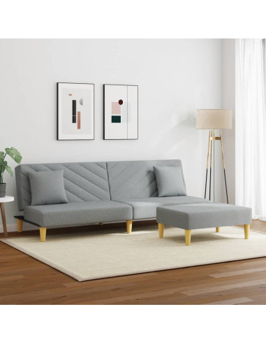 Divano Letto 2Posti Cuscini e Poggiapiedi Grigio Chiaro Tessuto
