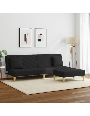 Divano Letto 2 Posti con Cuscini e Poggiapiedi Nero in Tessuto