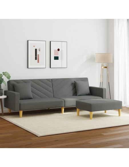Divano Letto 2Posti Cuscini e Poggiapiedi Grigio Scuro Tessuto
