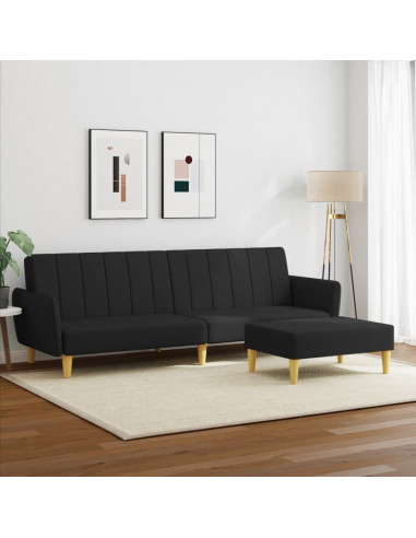 Divano Letto a 2 Posti con Poggiapiedi Nero in Tessuto