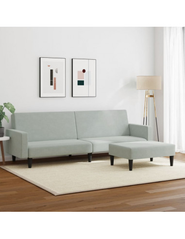 Divano Letto a 2 Posti con Poggiapiedi Grigio Chiaro in Velluto