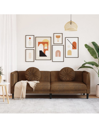 Divano a 3 Posti con Cuscini Marrone in Velluto