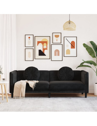 Divano a 3 Posti con Cuscini Nero in Velluto