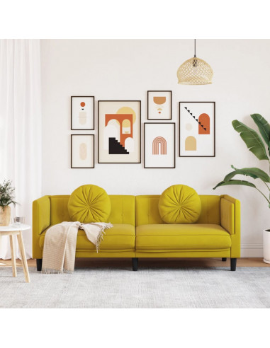 Divano a 3 Posti con Cuscini Giallo in Velluto