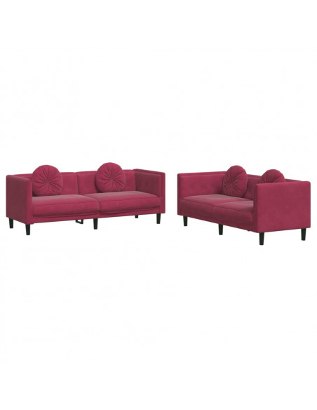 Set di Divani 2 pz con Cuscini Rosso Vino in Velluto