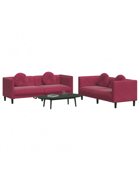 Set di Divani 2 pz con Cuscini Rosso Vino in Velluto