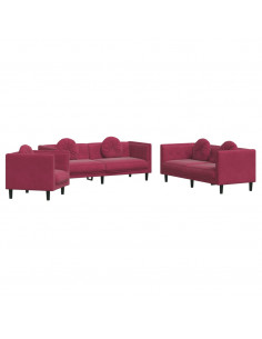 Set di Divani 3 pz con Cuscini Rosso Vino in Velluto 2