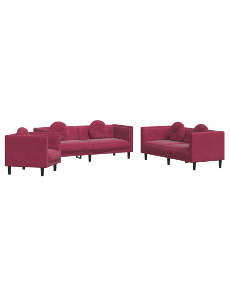 Set di Divani 3 pz con Cuscini Rosso Vino in Velluto