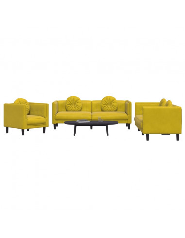 Set di Divani 3 pz con Cuscini Giallo in Velluto