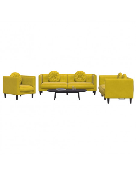 Set di Divani 3 pz con Cuscini Giallo in Velluto