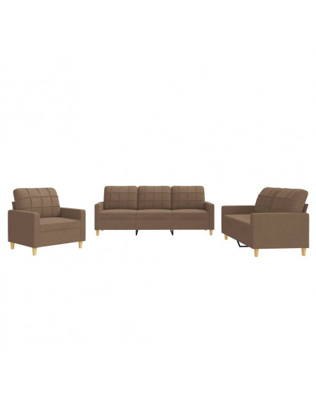 Set di Divani 3 pz con Cuscini Marrone in Tessuto