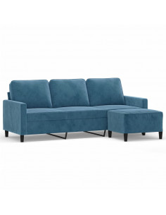 Divano a 3 Posti con Poggiapiedi Blu 180 cm in Velluto 2