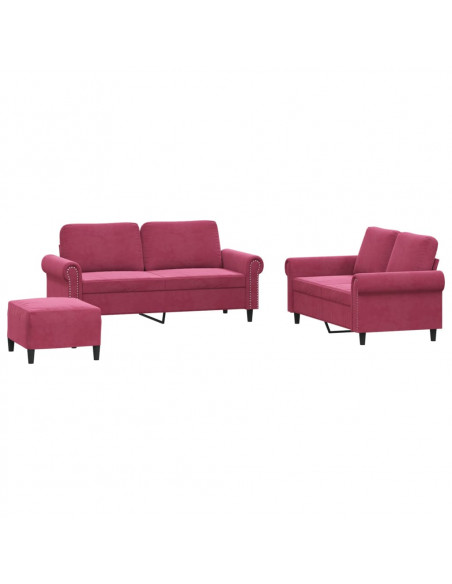 Set di Divani 3 pz con Cuscini Rosso Vino in Velluto
