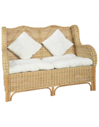 Divano a 2 Posti in Rattan Naturale e Lino