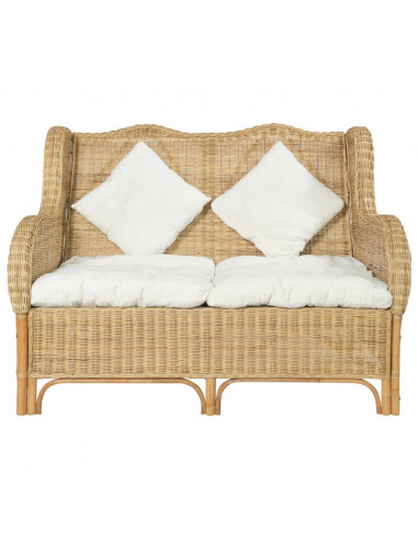 Divano a 2 Posti in Rattan Naturale e Lino