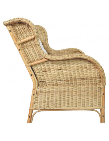 Divano a 2 Posti in Rattan Naturale e Lino