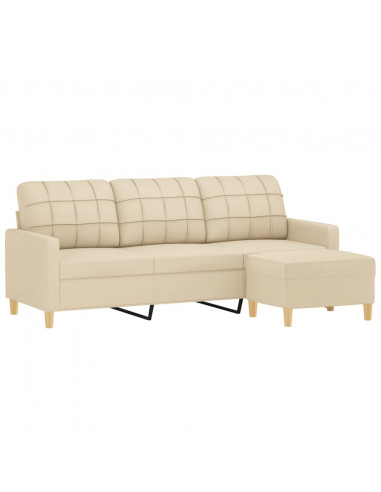 Divano a 3 Posti con Poggiapiedi Crema 180 cm in Tessuto