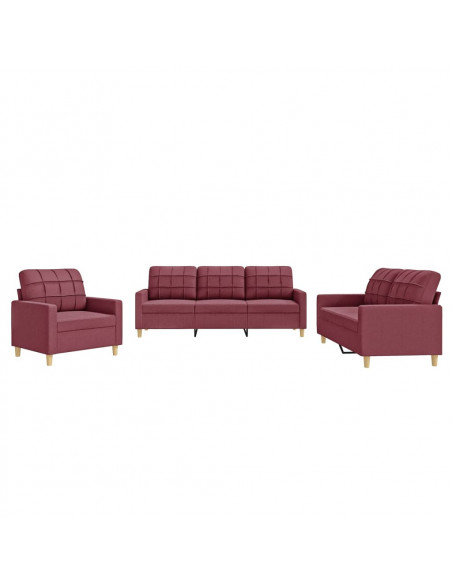 Set di Divani 3 pz con Cuscini Rosso Vino in Tessuto