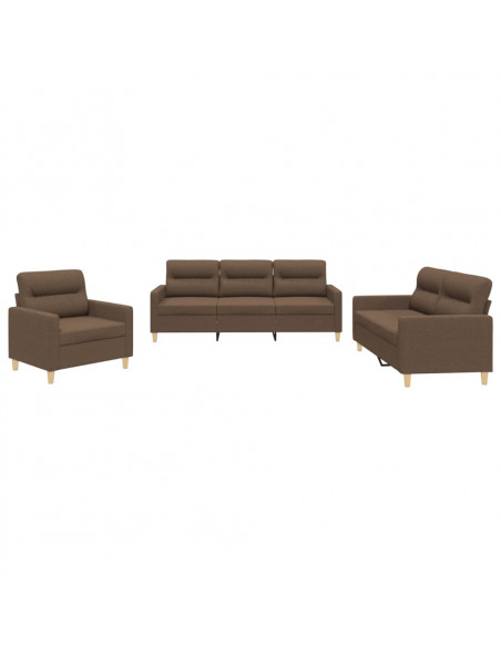 Set di Divani 3 pz con Cuscini Marrone in Tessuto