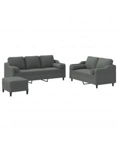Set di Divani 3 pz con Cuscini Grigio Scuro in Tessuto 2