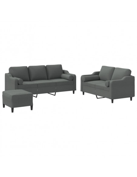 Set di Divani 3 pz con Cuscini Grigio Scuro in Tessuto