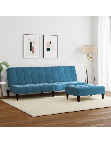 Divano Letto 2 Posti con Poggiapiedi Blu in Velluto