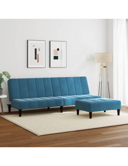Divano Letto 2 Posti con Poggiapiedi Blu in Velluto