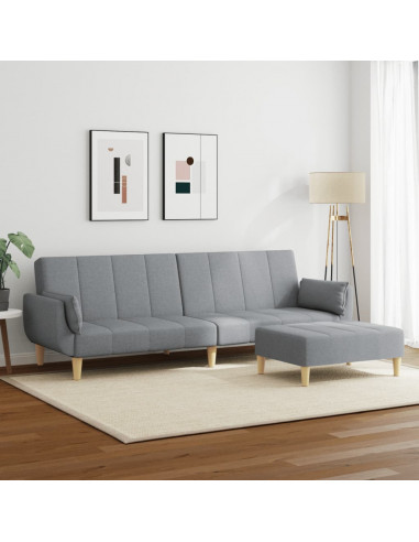 Divano Letto a 2 Posti con Poggiapiedi Grigio Chiaro in Tessuto