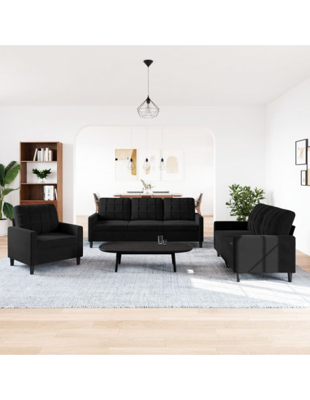Set di Divani 3 pz con Cuscini Nero in Velluto