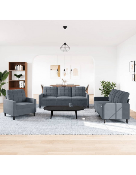 Set di Divani 3 pz con Cuscini Grigio Scuro in Velluto