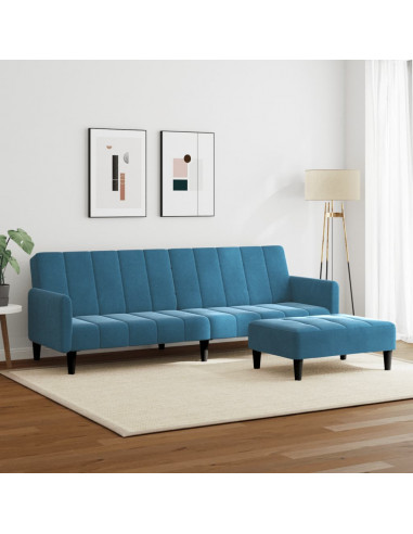 Divano Letto 2 Posti con Poggiapiedi Blu in Velluto