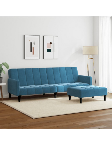 Divano Letto 2 Posti con Poggiapiedi Blu in Velluto