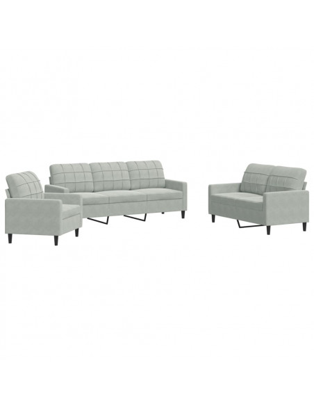 Set di Divani 3 pz con Cuscini Grigio Chiaro in Velluto