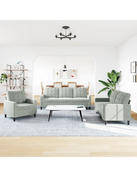 Set di Divani 3 pz con Cuscini Grigio Chiaro in Velluto