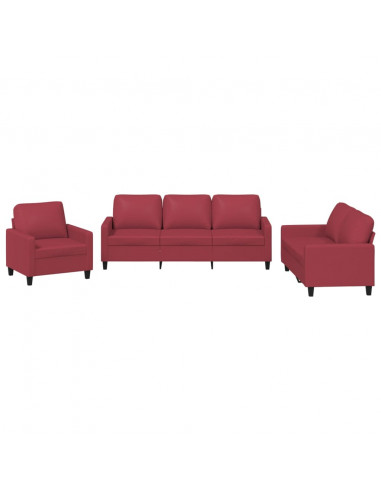 Set di Divani 3 pz con Cuscini Rosso Vino in Similpelle