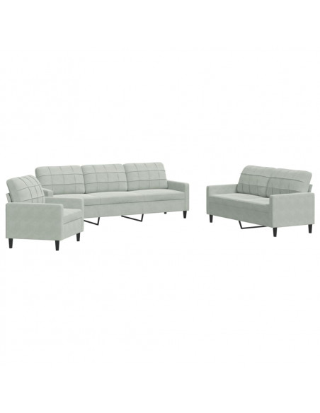 Set di Divani 3 pz con Cuscini Grigio Chiaro in Velluto