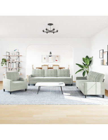 Set di Divani 3 pz con Cuscini Grigio Chiaro in Velluto