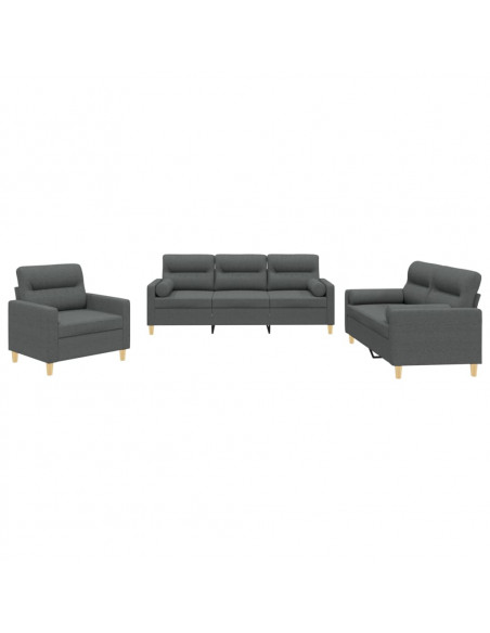 Set di Divani 3 pz con Cuscini Grigio Scuro in Tessuto