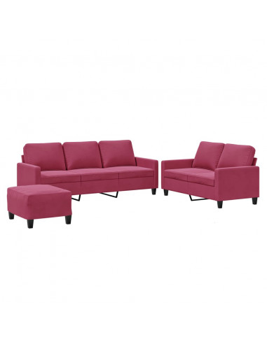 Set di Divani 3 pz con Cuscini Rosso Vino in Velluto