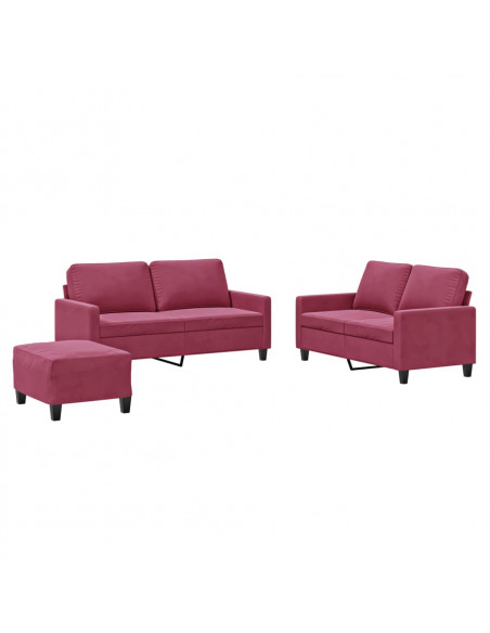 Set di Divani 3 pz con Cuscini Rosso Vino in Velluto