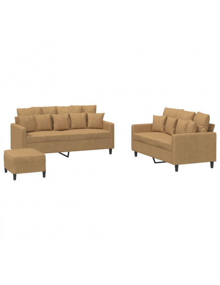 Set di Divani 3 pz con Cuscini Marrone in Velluto