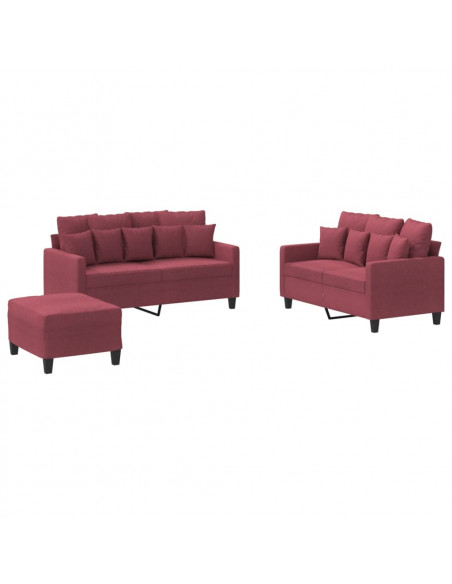 Set di Divani 3 pz con Cuscini Rosso Vino in Tessuto