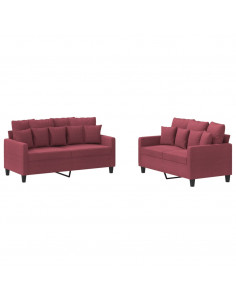 Set di Divani 2 pz con Cuscini Rosso Vino in Tessuto 2