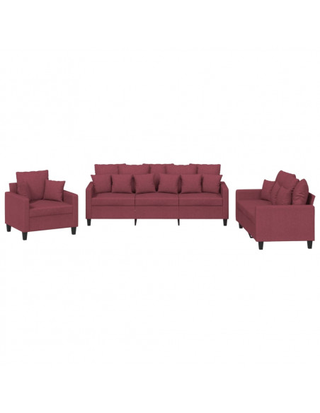 Set di Divani 3 pz con Cuscini Rosso Vino in Tessuto