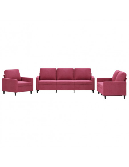 Set di Divani 3 pz con Cuscini Rosso Vino in Velluto