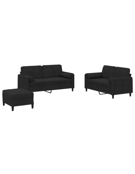 Set di Divani 3 pz con Cuscini Nero in Velluto