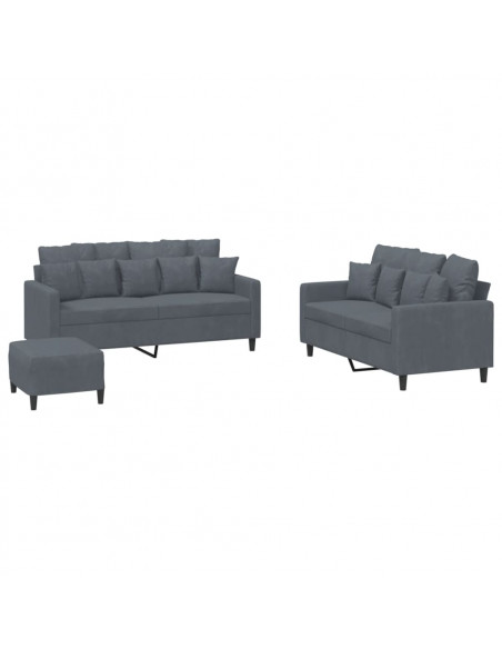 Set di Divani 3 pz con Cuscini Grigio Scuro in Velluto
