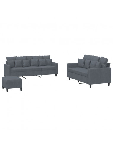Set di Divani 3 pz con Cuscini Grigio Scuro in Velluto