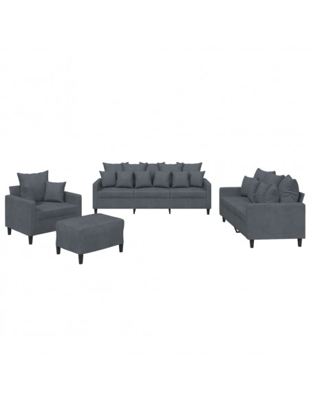 Set di Divani 4 pz con Cuscini Grigio Scuro in Velluto
